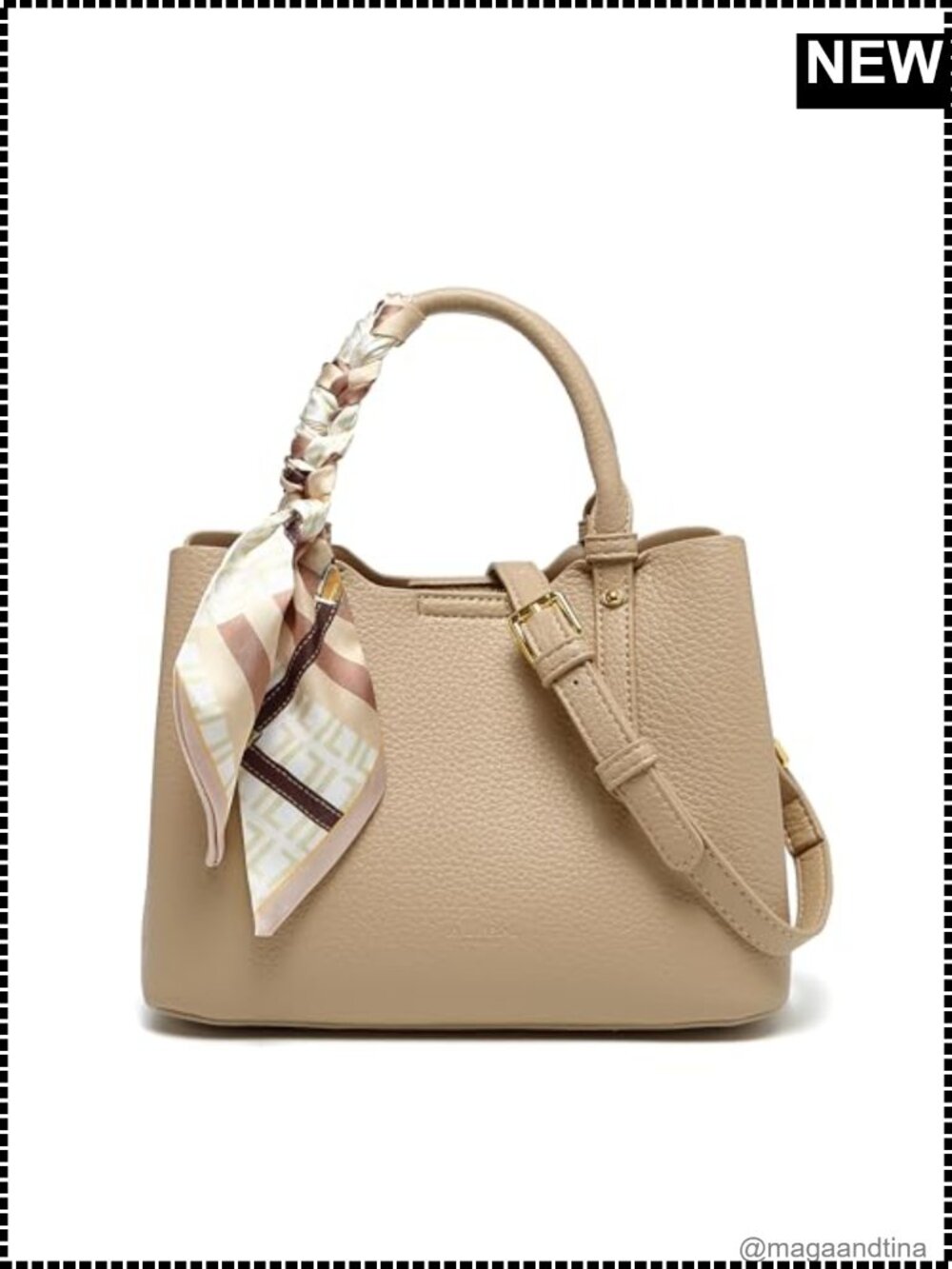 Faux Leather Bucket Bag Top Handle Shoulder Crossbody Purse with Scarf